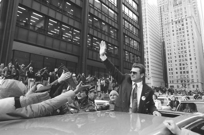 The Chicago Bears ride in a parade in the Loop after returning victorious from the Super Bowl