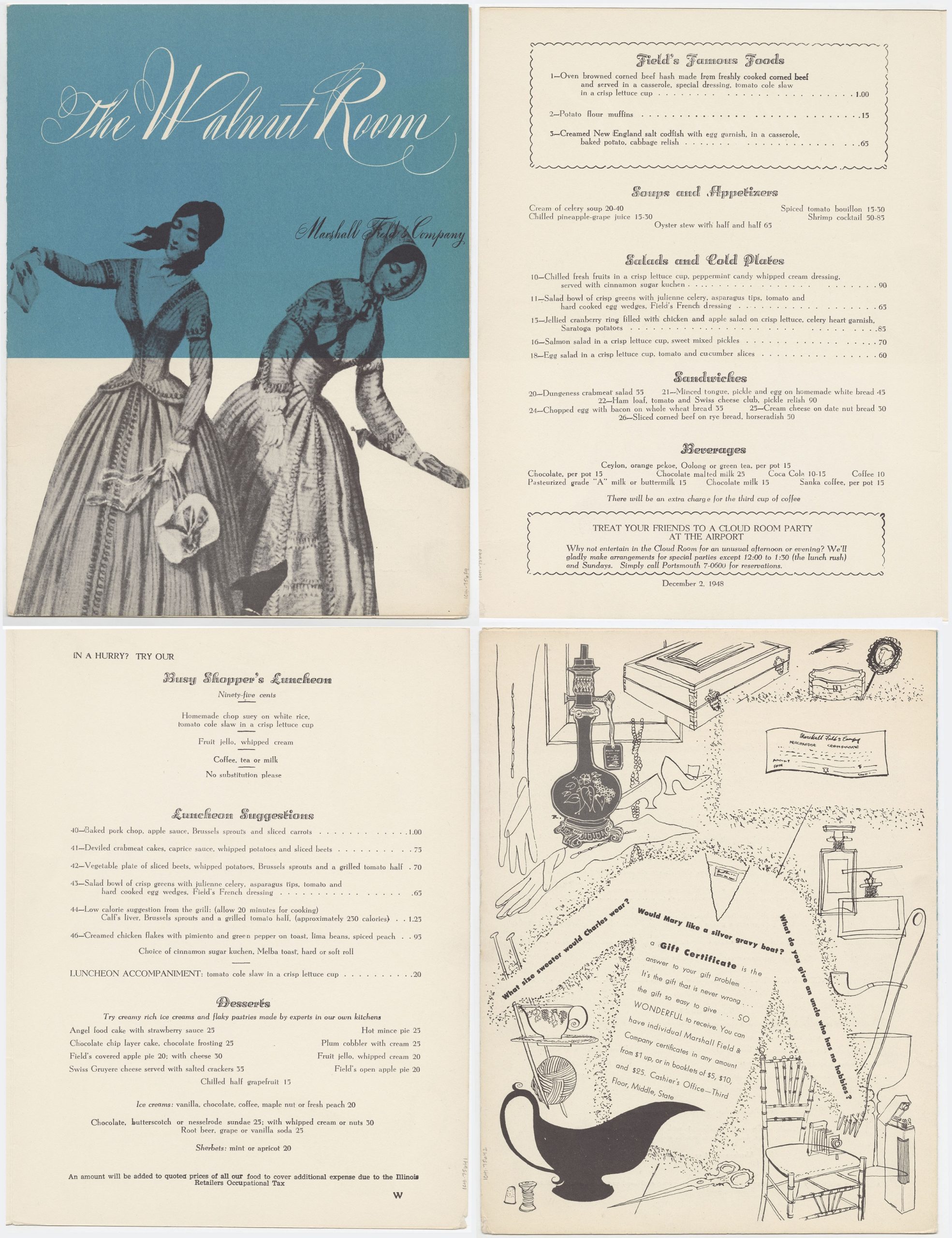 Four pages of menu from the Walnut Room