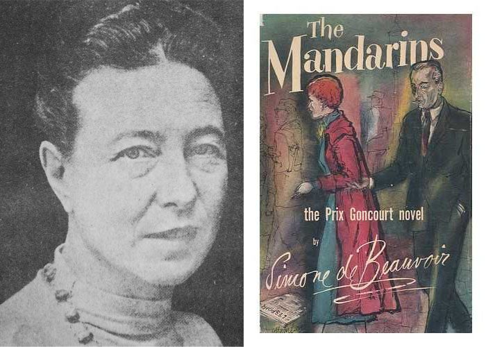 Left: headshot of Simone de Beauvoir; right: book cover of The Mandarians with an illustration of a man and woman