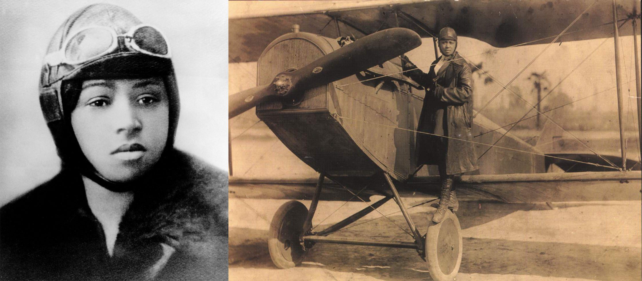 left image: headshot of Bessie Coleman in aviator helmet and googles; right image: Bessie Coleman stands by an airplane