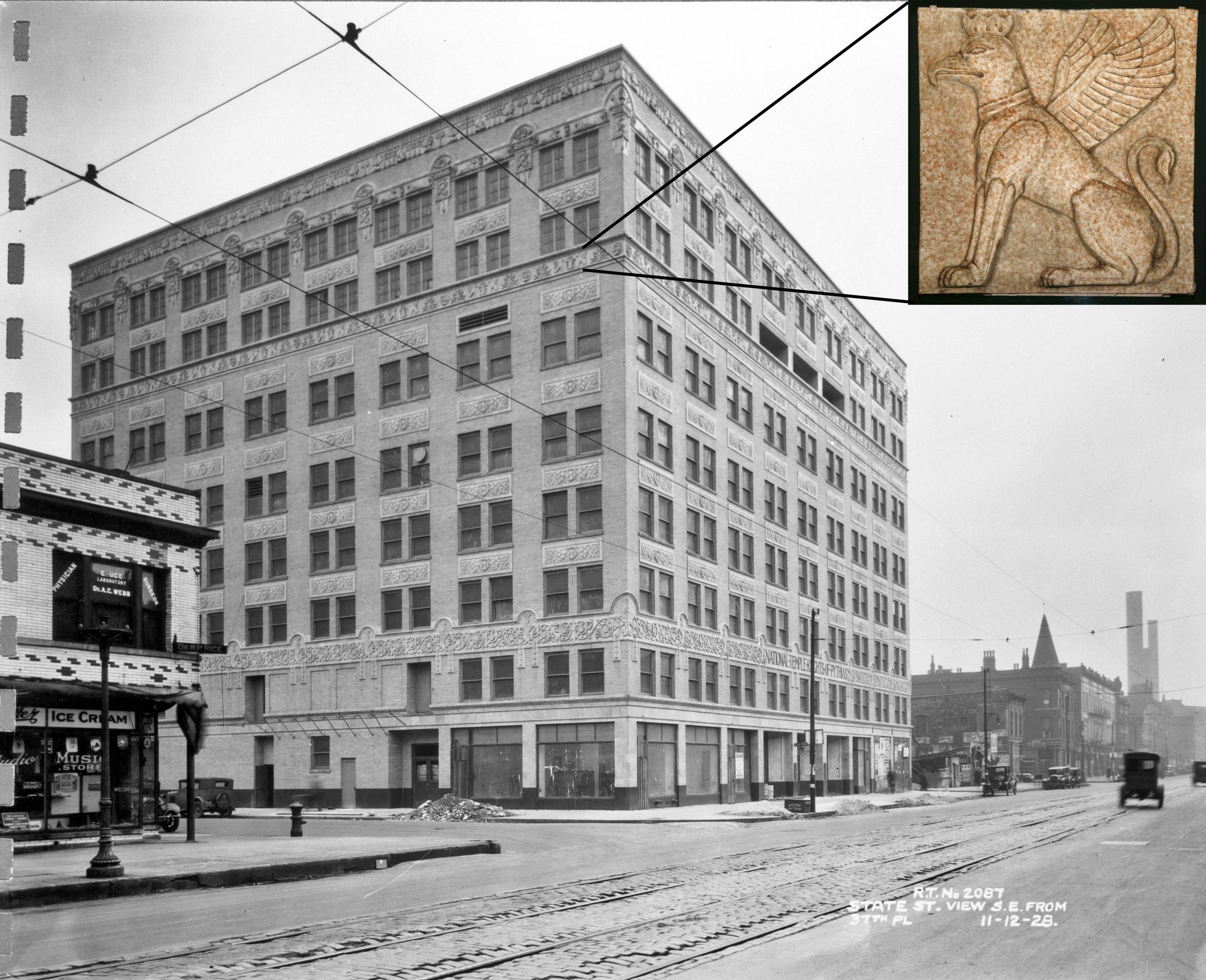 Knights of Pythias Temple with inset of griffin detail
