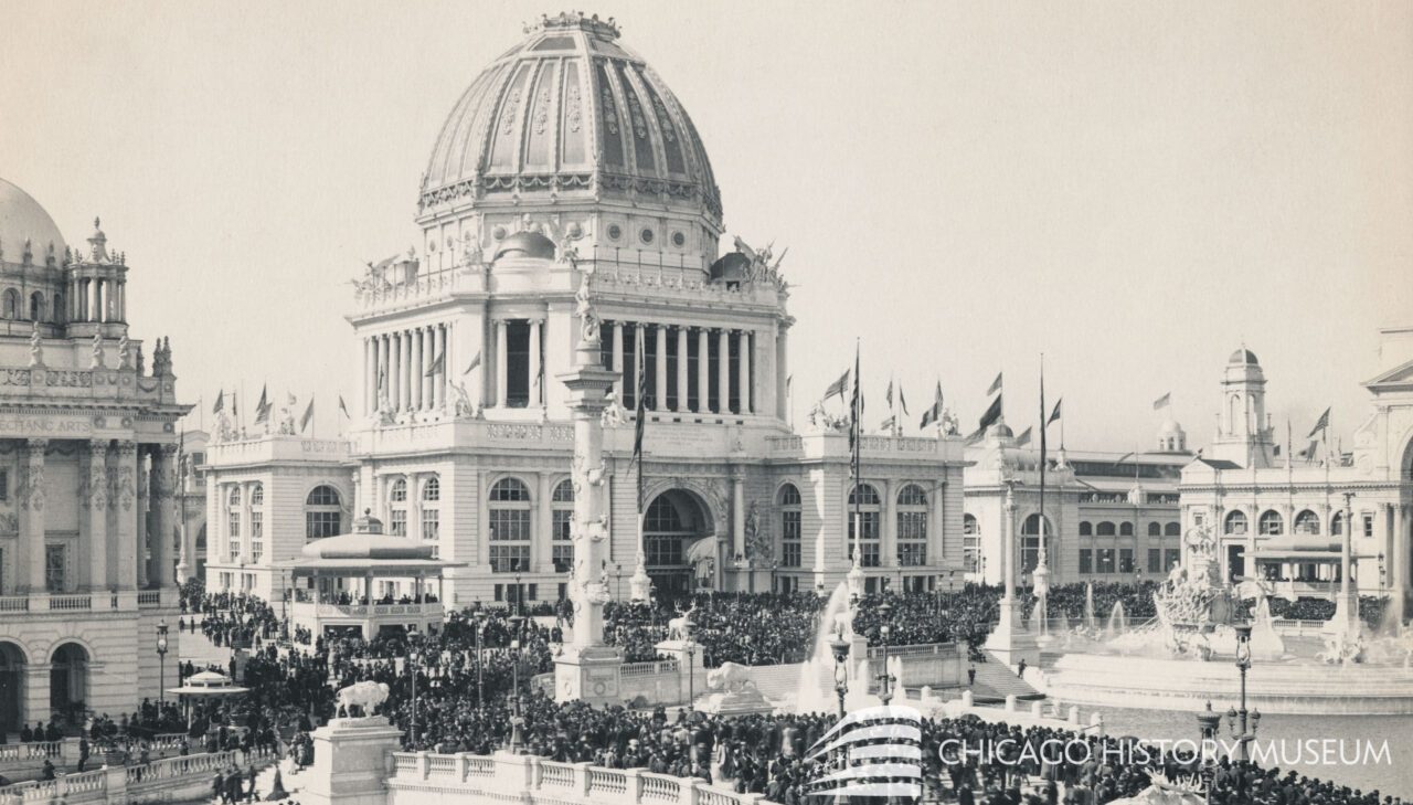 Administration Building surrounded by crowds on Chicago Day
